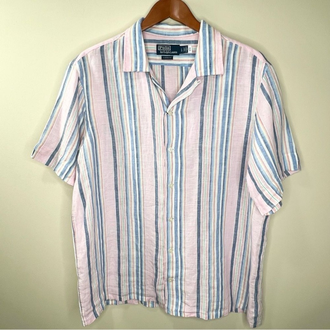 NWT Polo by Ralph Lauren Classic Fit Striped Linen Camp Button Down Shirt Large