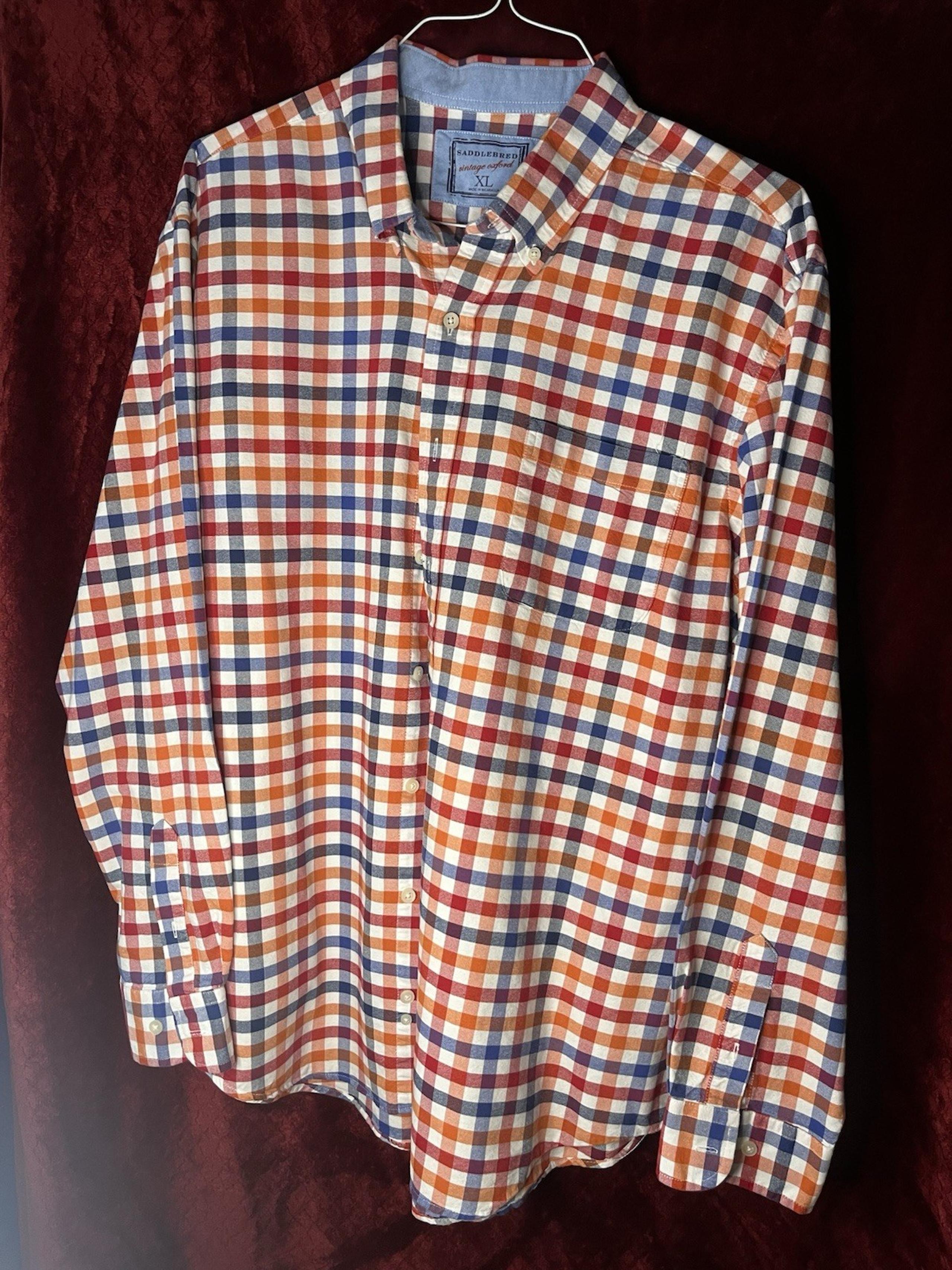Men's Saddlebred XL Blue Red Check Poplin Button Down Long Sleeve Casual Shirt