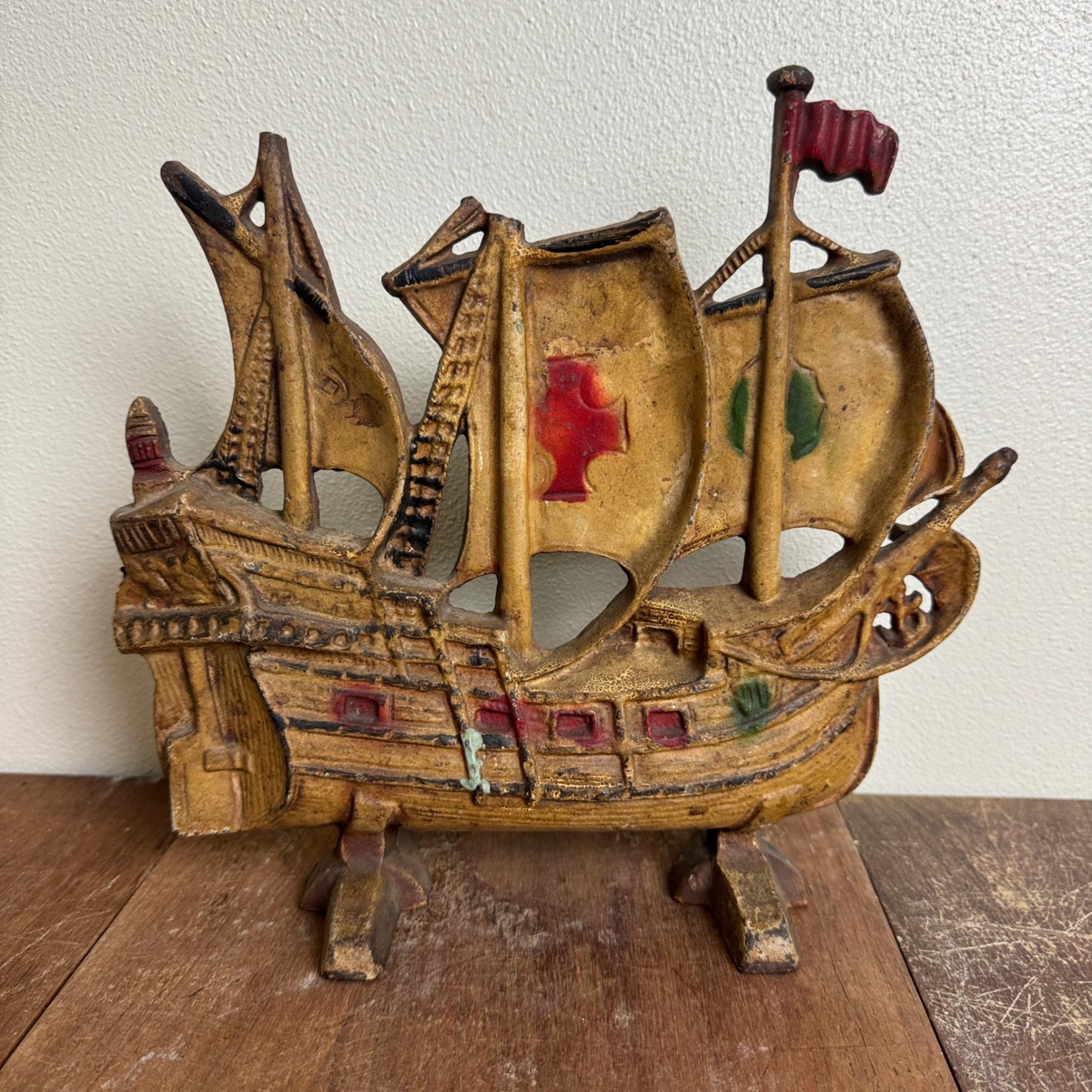Cast Iron Ship Doorstop Vintage Style Nautical Decor Red Cross Sails 10" Tall