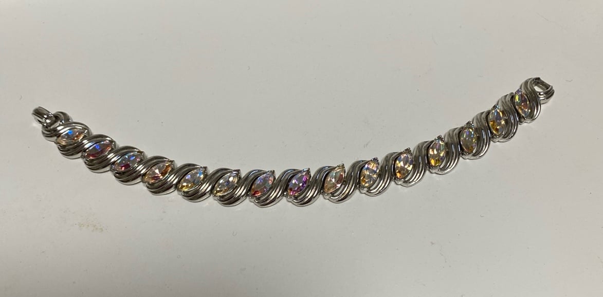 Vintage Signed Crown Trifari Silver Bracelet w/ Aurora Borealis AB Rhinestones