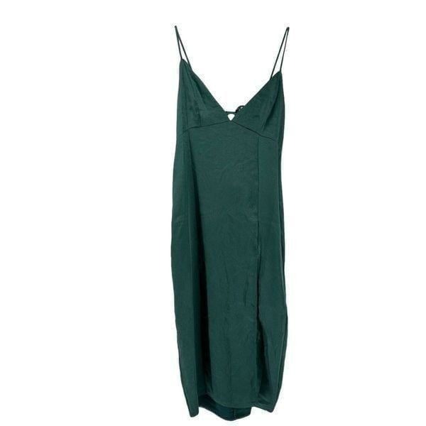 Wild Fable Satin Slip Dress Jewel Tone Green Scoop Back V Neck Midi Slit Size XL