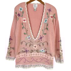 Vintage Gantos Knit Floral Embellished Coquette V-Neck Sweater