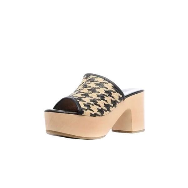 Logan Open Toe Leather Raffia Houndstooth Wooden Clog Black Cream Size 36