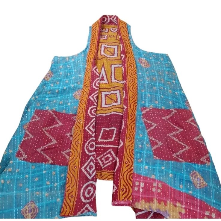 Kantha Boho Patchwork Duster Vest Patch Pockets Festival Fairy Colorful O/S New