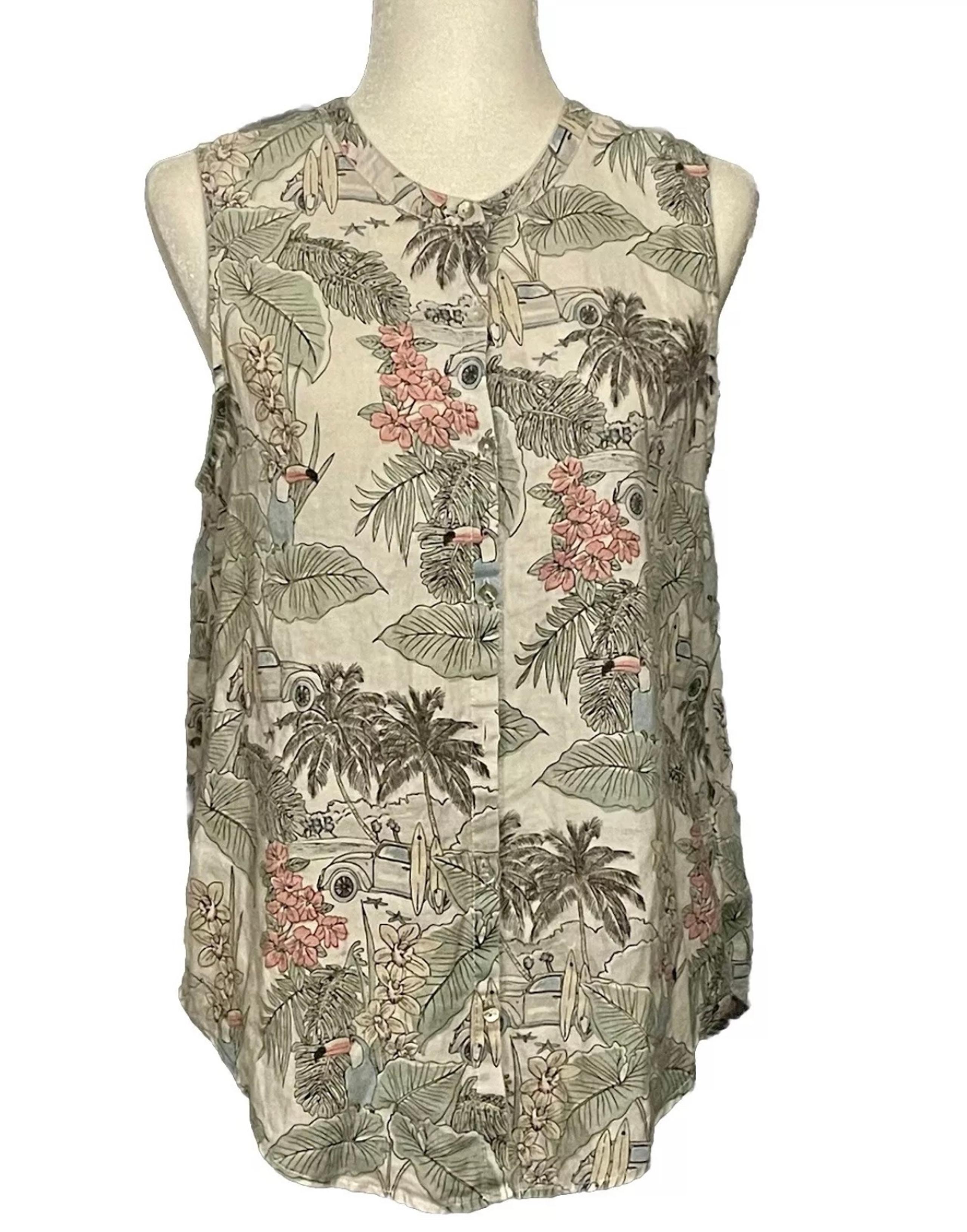 C & C CALIFORNIA Womens Med Tropical Hawaiian Button Front Linen Tunic Blouse
