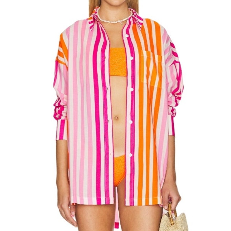 NWOT Beach Riot Alexa Striped Button Up Shirt Swim Cover Pink Women Petite Large