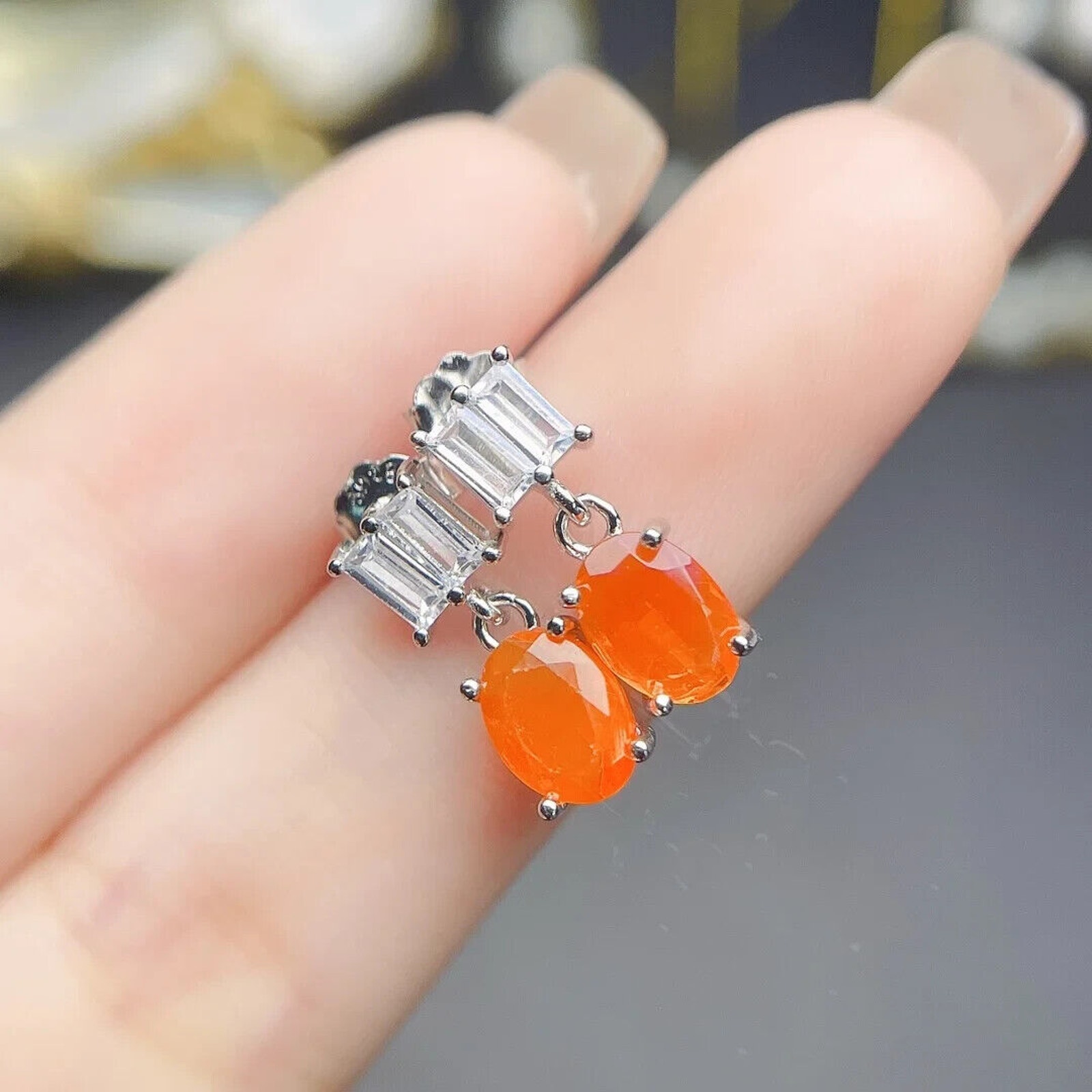 Orange Fire Opal Dangle Earrings 5x7mm, Natural Orange Fire Opal Earrings