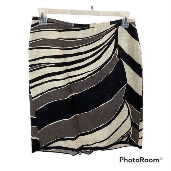 Ann Taylor Linen Silk Abstract Zebra Print Lined Skirt Size 8 Black Grey White