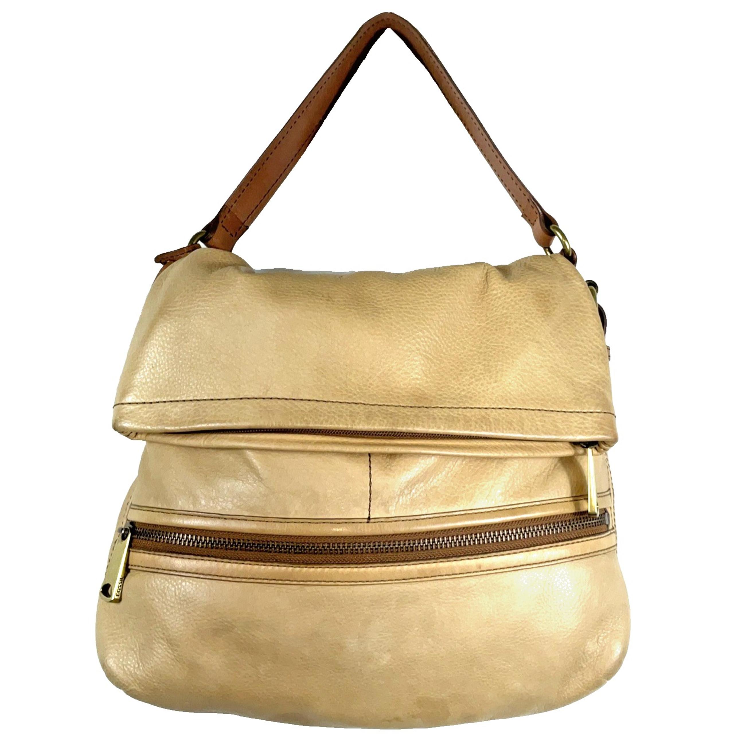Beige Cowhide Leather Hobo Shoulder Bag Slouchy Zip Pockets Boho Style - Fossil