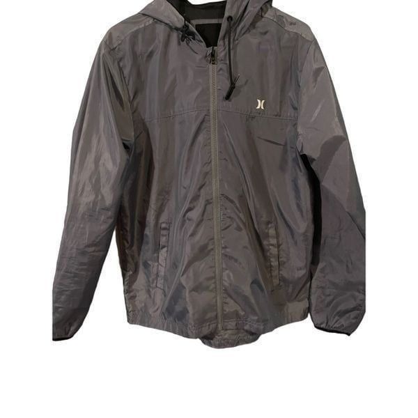 Hurley Mens Dark Gray Windbreaker Hooded Drawstring Zip-Up Jacket Size Medium