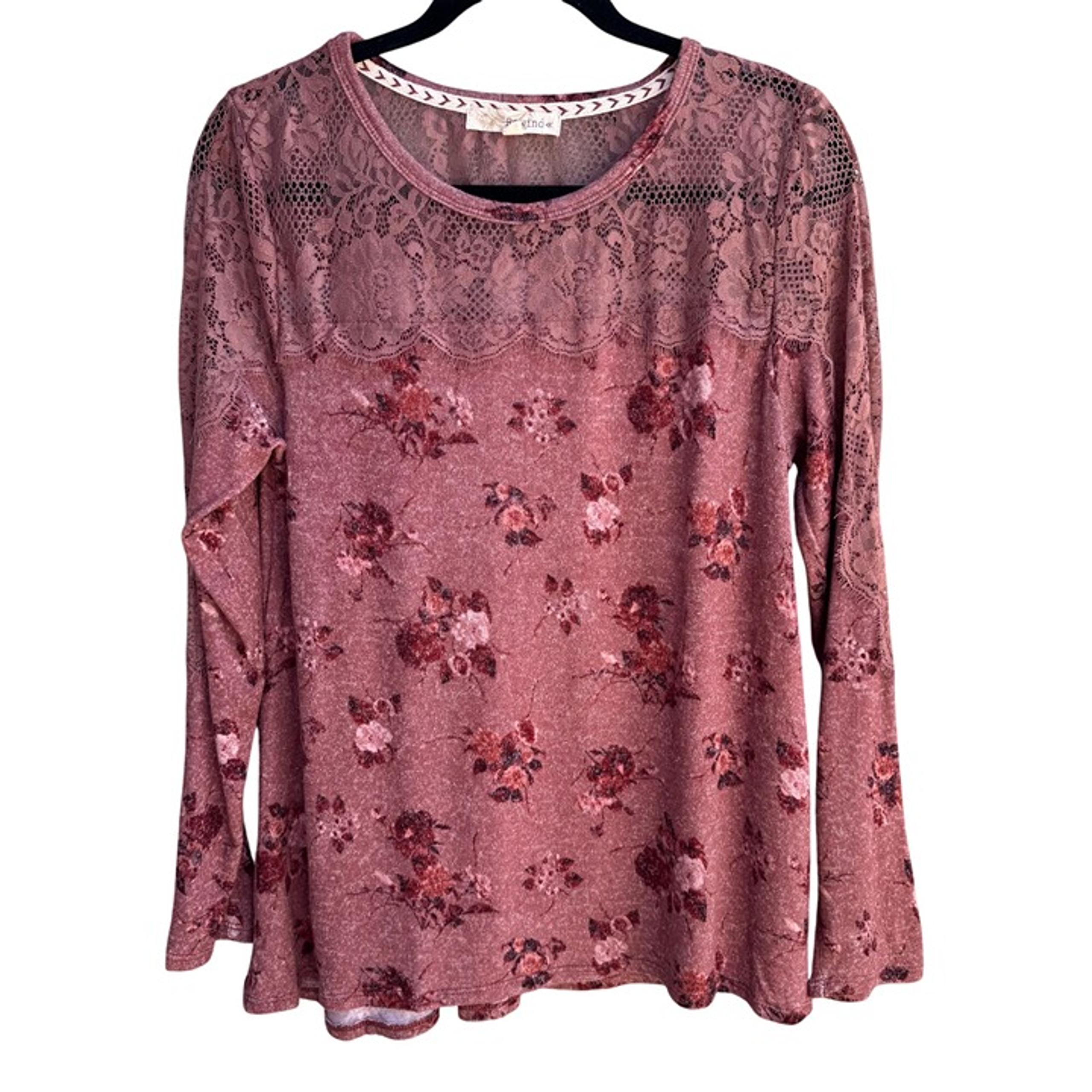 Rewind Womens Floral Sheer Lace Boho Long-Sleeve Knit Pink Shirt Blouse Top XL
