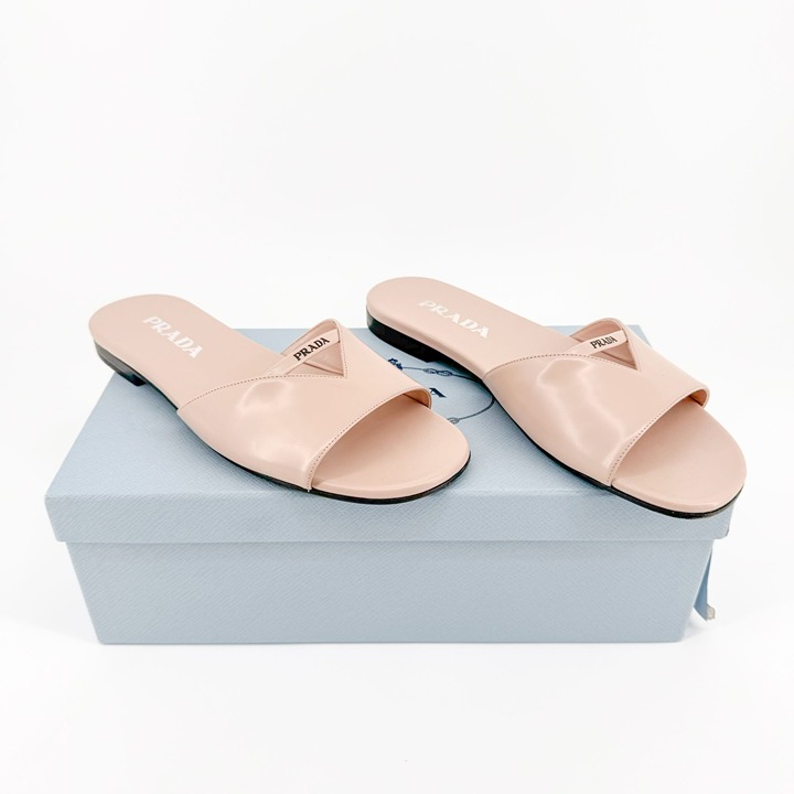 Prada Logo Cutout Flat Mule Sandals EU 37 US 7 Beige Tan Leather Slip On Slide