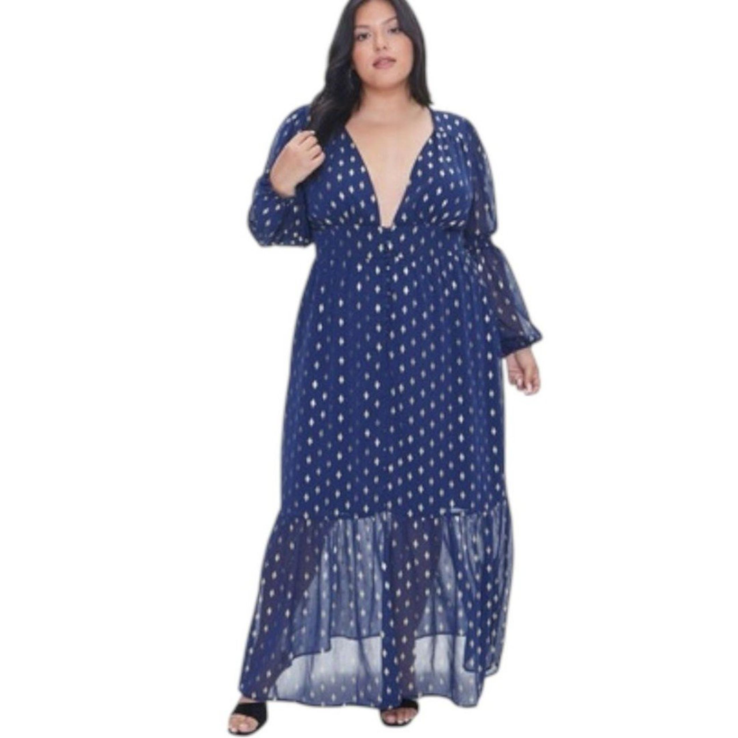 FOREVER 21 PLUS | Blue Metallic Diamond Print V Plunge Neckline Maxi Dress 2X