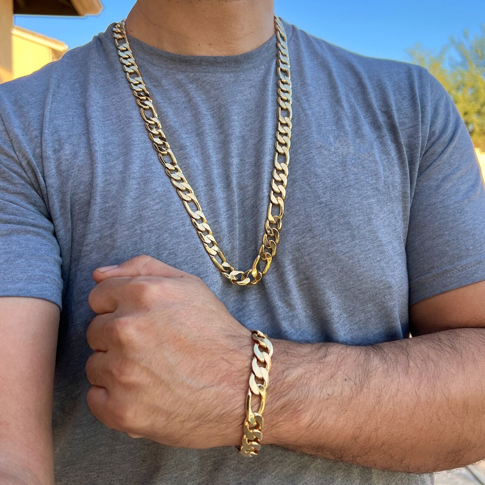 14k Gold Plated Hip Hop Chain Figaro Necklace 30 x 12MM and Bracelet Combo Set