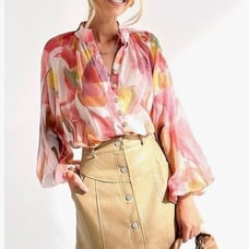 Chiffon Floral Pastel Pink Watercolor Button Down Blouse