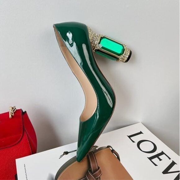 FSJ Green Bridal Pointed Toe High Heel Crystal Pumps Slip on Wedding Thick Shoes