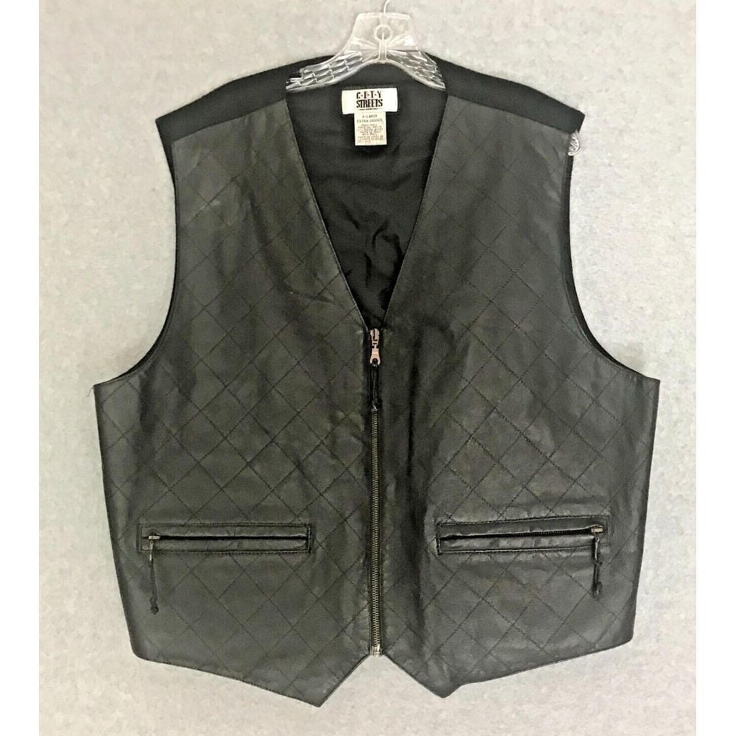 City Streets Mens LEATHER FRONT Vest XL Black Button V-Neck Sleeveless Biker