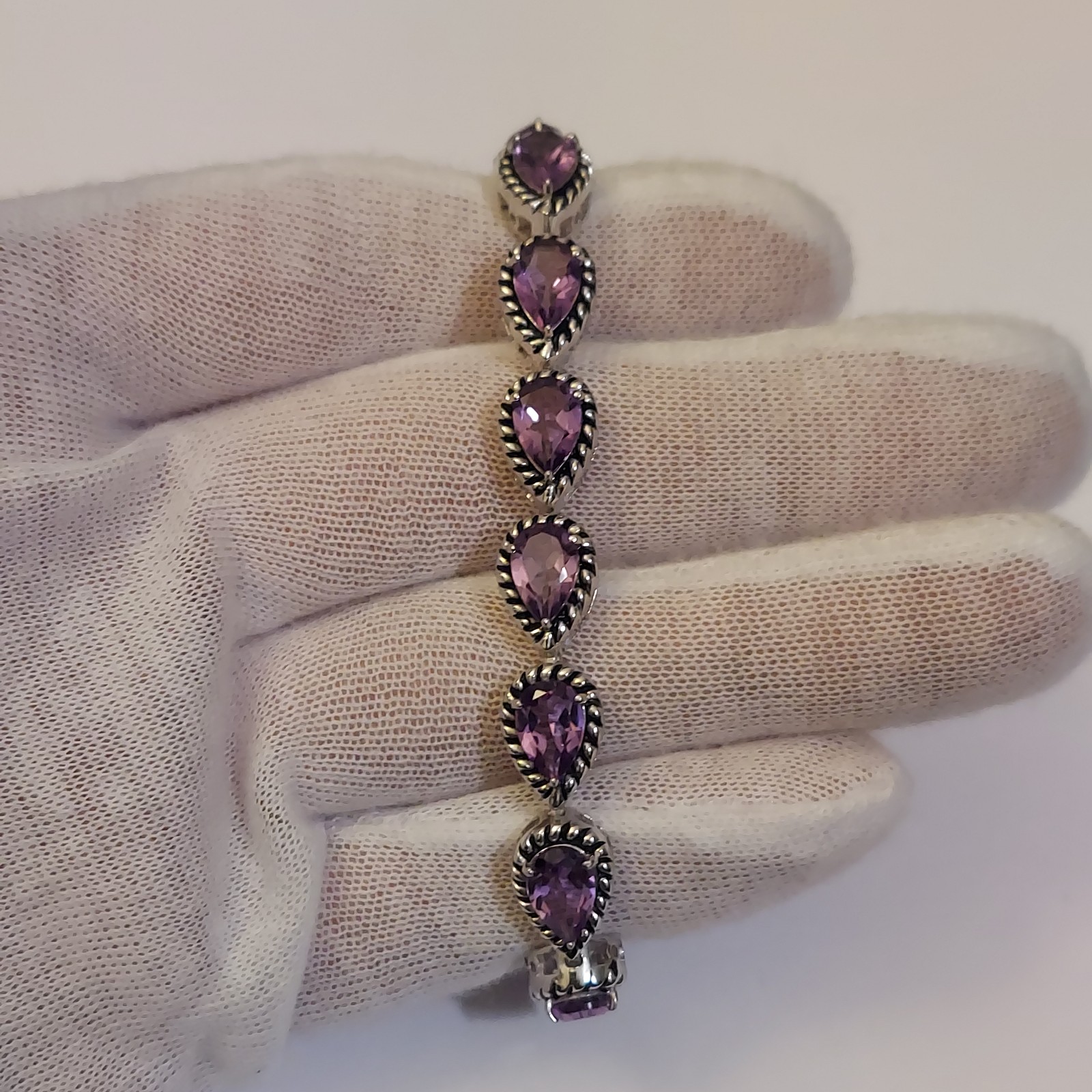 925 Sterling Silver Pear-Cut Purple Amethyst Link Bracelet