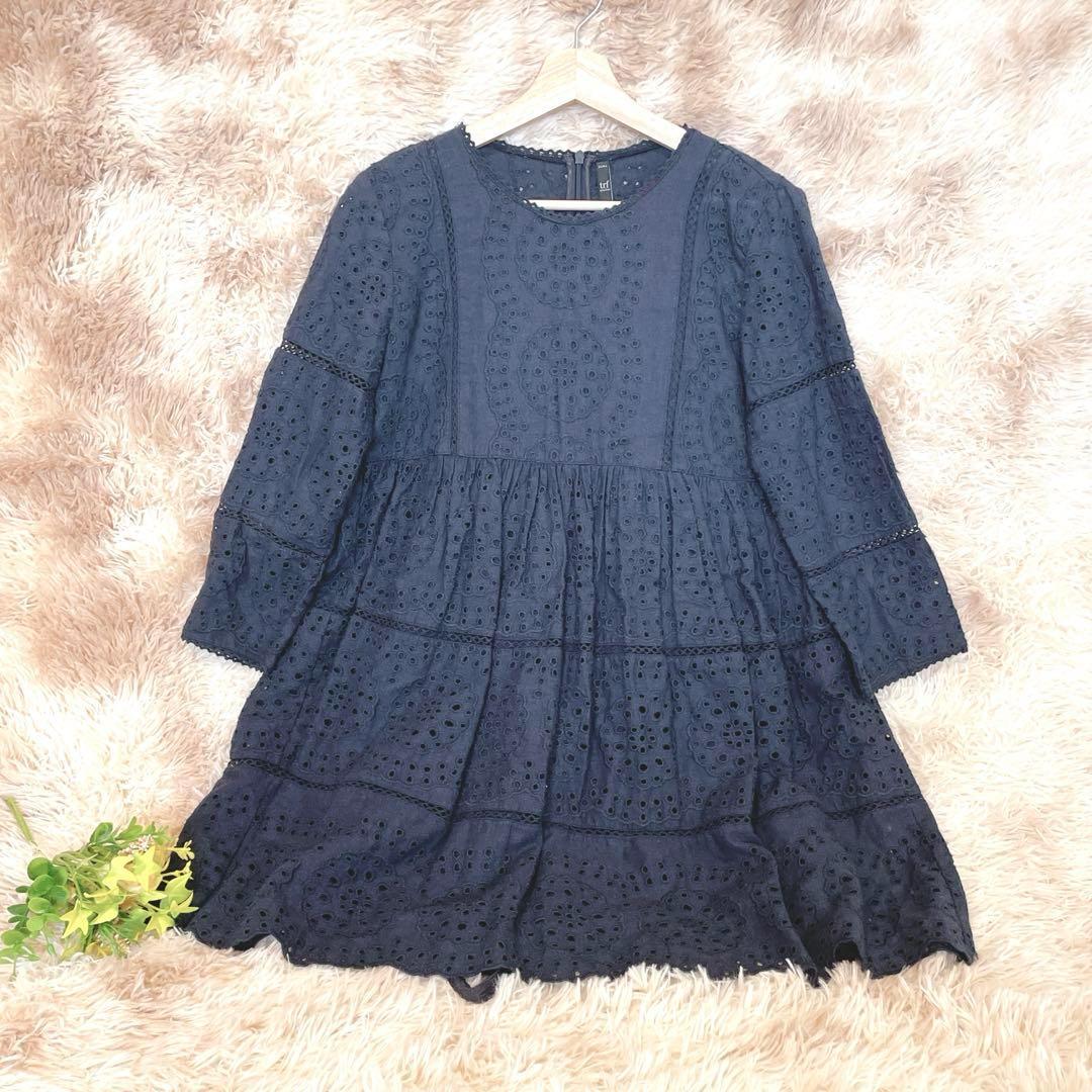 【trf】Medium size, embroidered pattern, long-sleeve dress, short length, elegant, navy.