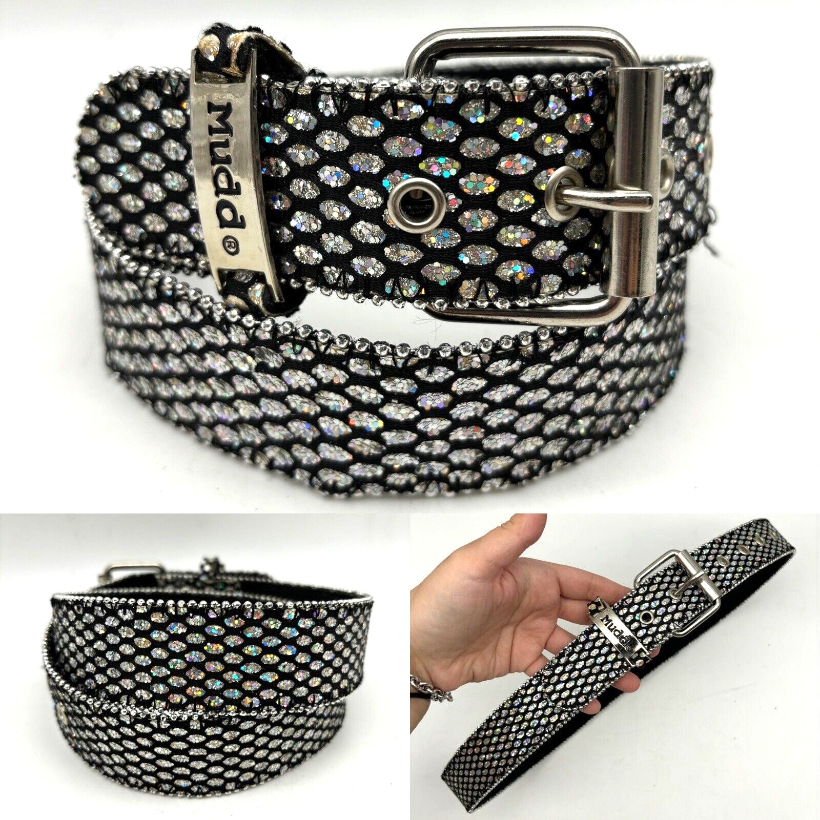 Vintage 90s Y2K Mudd Black Leather Metallic Silver Glitter Scales Belt S/M 32