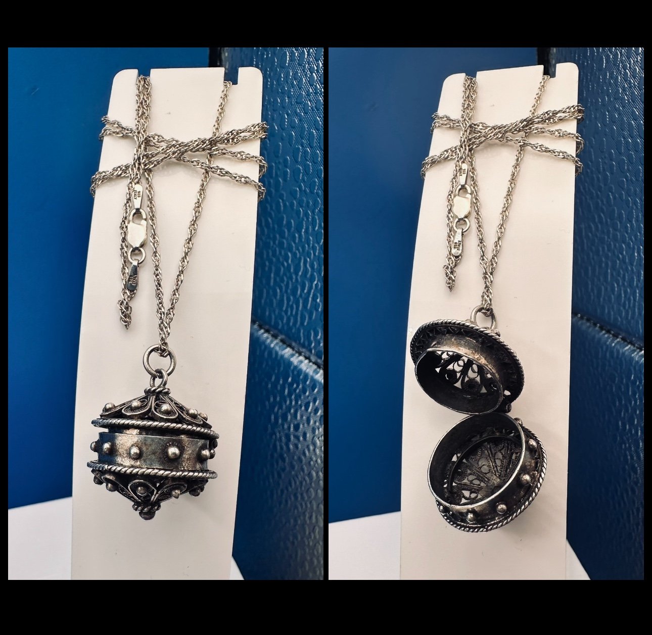 Vintage Sterling Round Hinge poison prayer magic locket pendant w pagoda chain