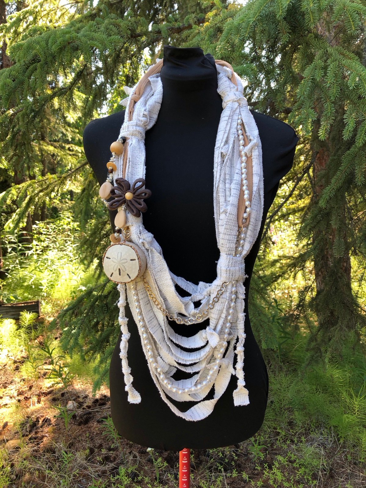 White Fabric Multi Strand Statement Necklace Faux Pearls Chain Sand Dollar Wood