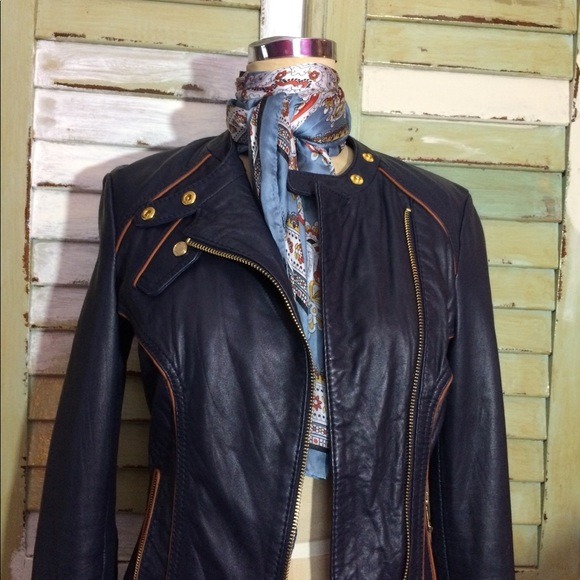 MICHAEL KORS BLUE LEATHER MOTO JACKET