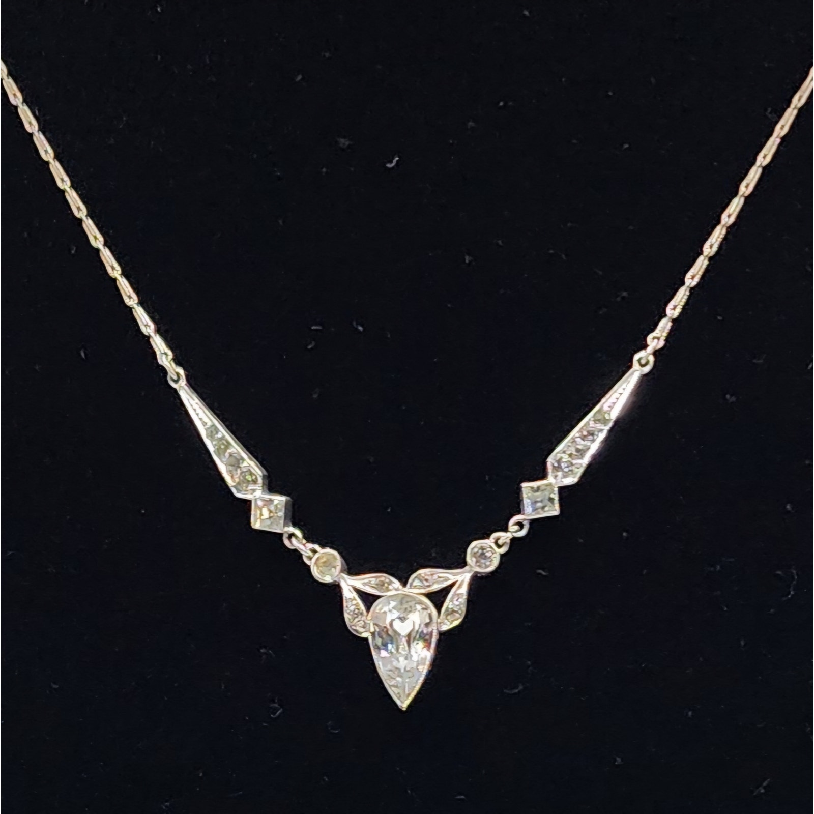 Sterling Silver Lead Crystal Art Deco Necklace Fancy Solid Milgrain Links 1920s