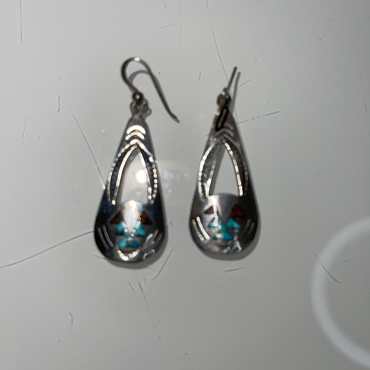 Sterling Silver Earrings Turquoise Coral Inlay Dangle Stamped Sterling Cactus