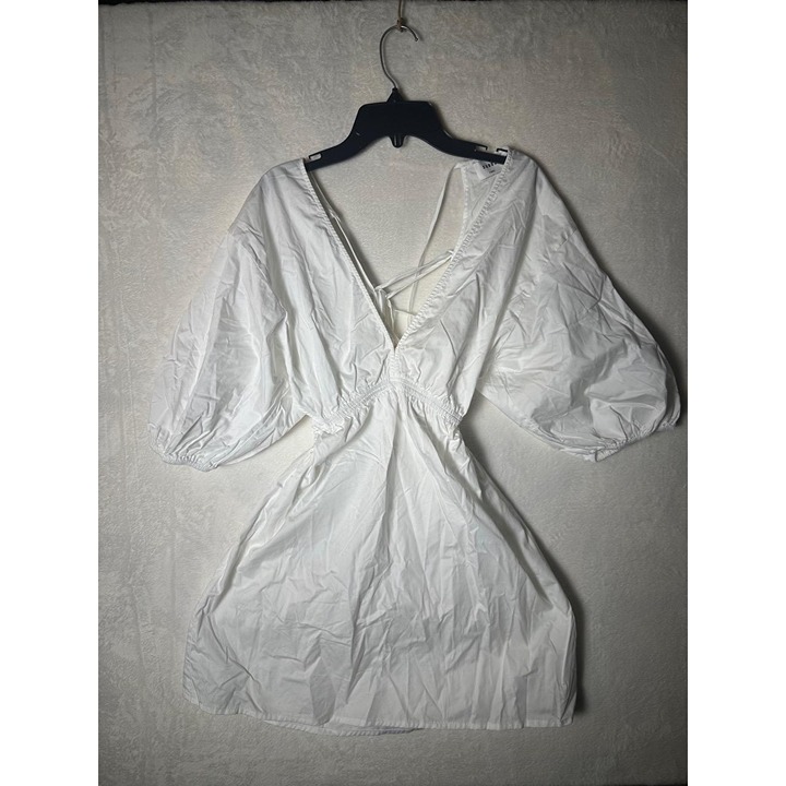 Suboo White Puff Sleeves Deep V Neck Open Back Tie Mini Dress Size XS