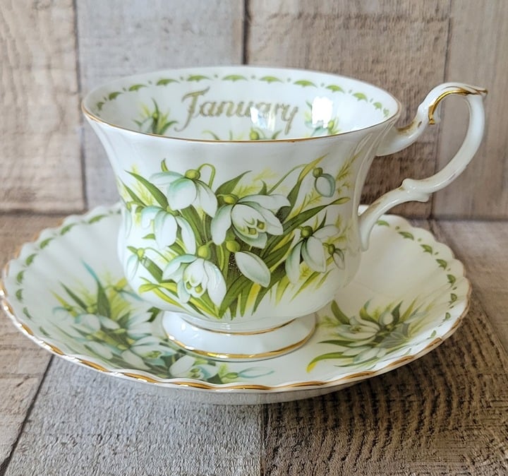 Royal Albert Teacup and Saucer January Snowdrops Flower of the Month Bone China