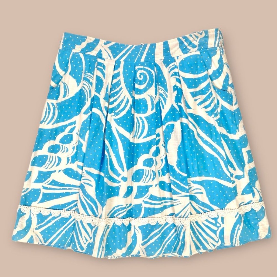 Lilly Pulitzer Skirt Womens 6 Blue White Seashells Polka Dot Pleated Lace Midi