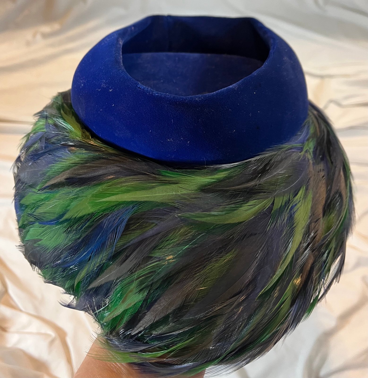 Vintage Women’s Mr. Milton Blue Velvet Peacock Feathered Pillbox Hat ~Union Made