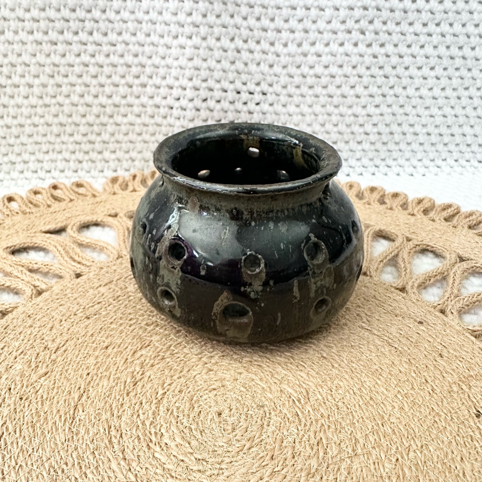 Signed Quebec Ceramic Glaze Pottery Candle Holder Luminary Cut Out Curved Lip