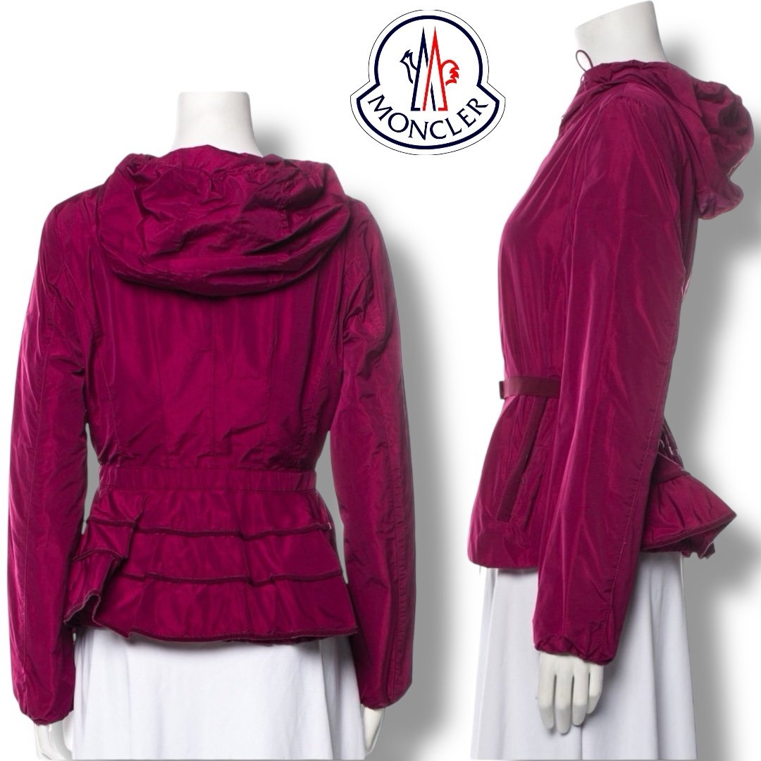 Moncler Gazonette Ruffle Nylon Jacket with Hood in Magenta Authentic Sz M