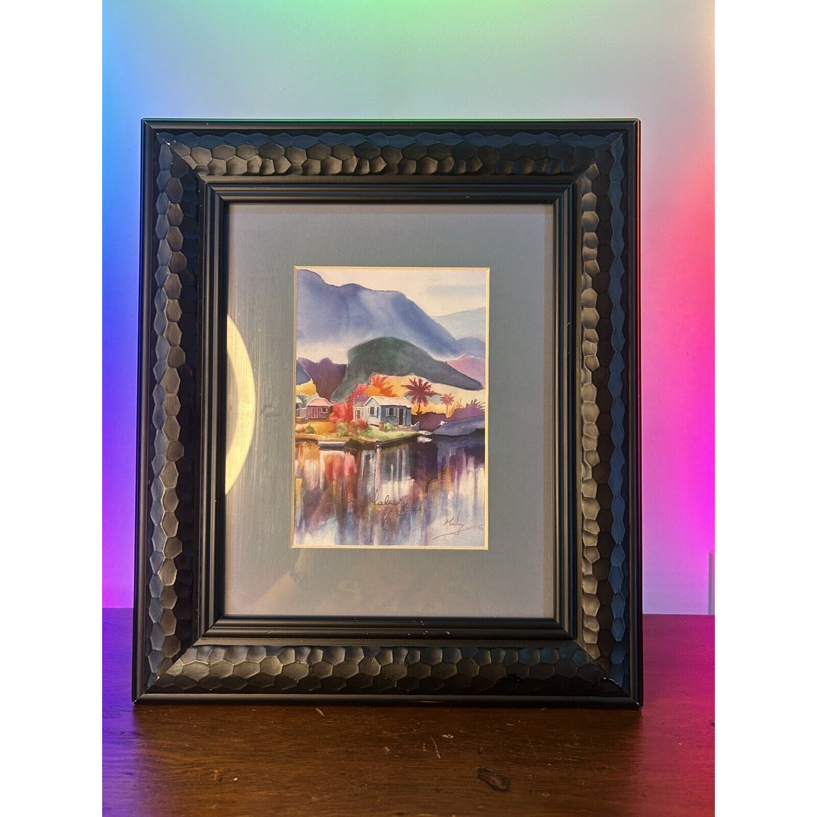 Beautiful Original Mountain Water Painting In Heavy Black Decorative Frame