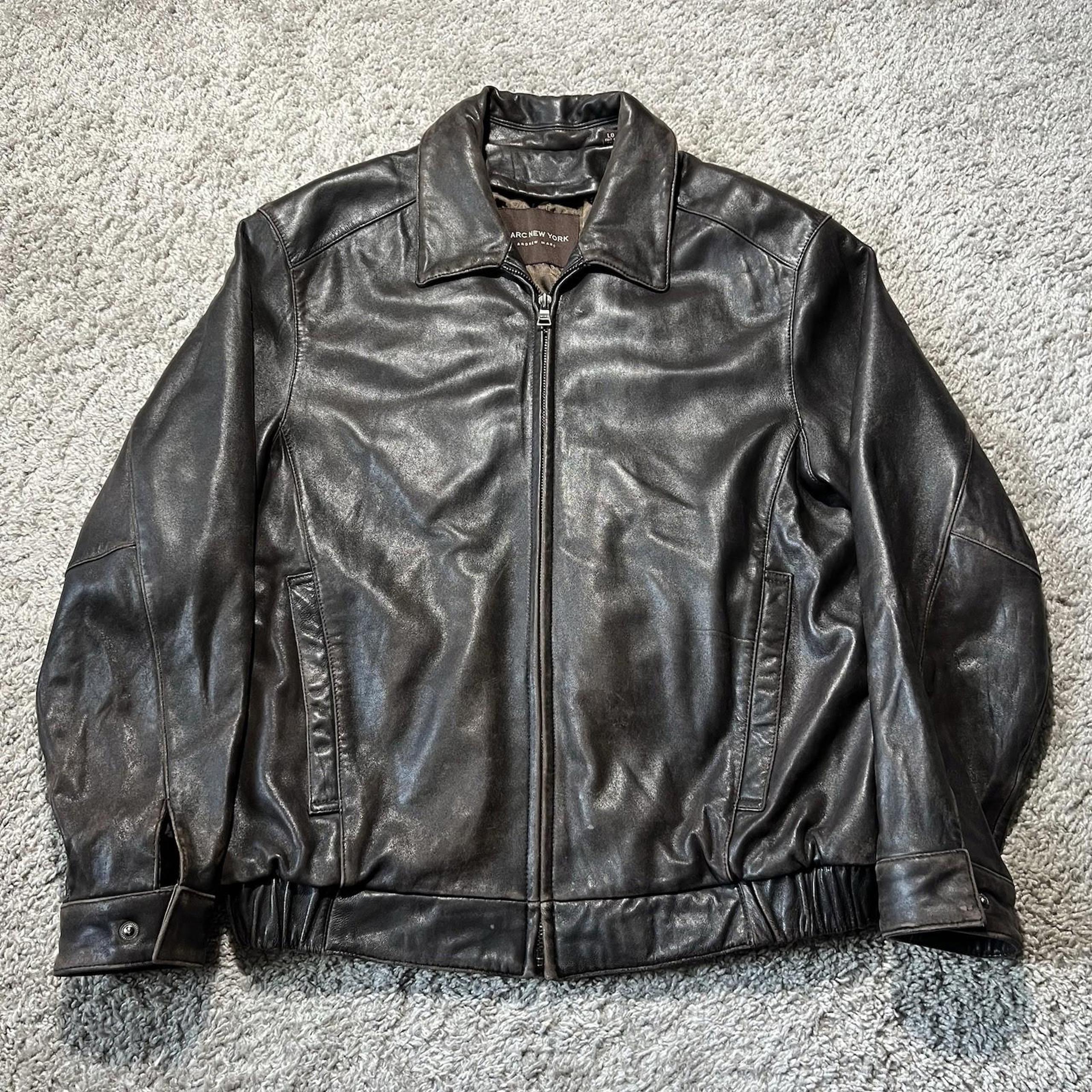 Andrew Marc New York Mens Full Zip Brown Leather Bomber Jacket Soft Large Vtg