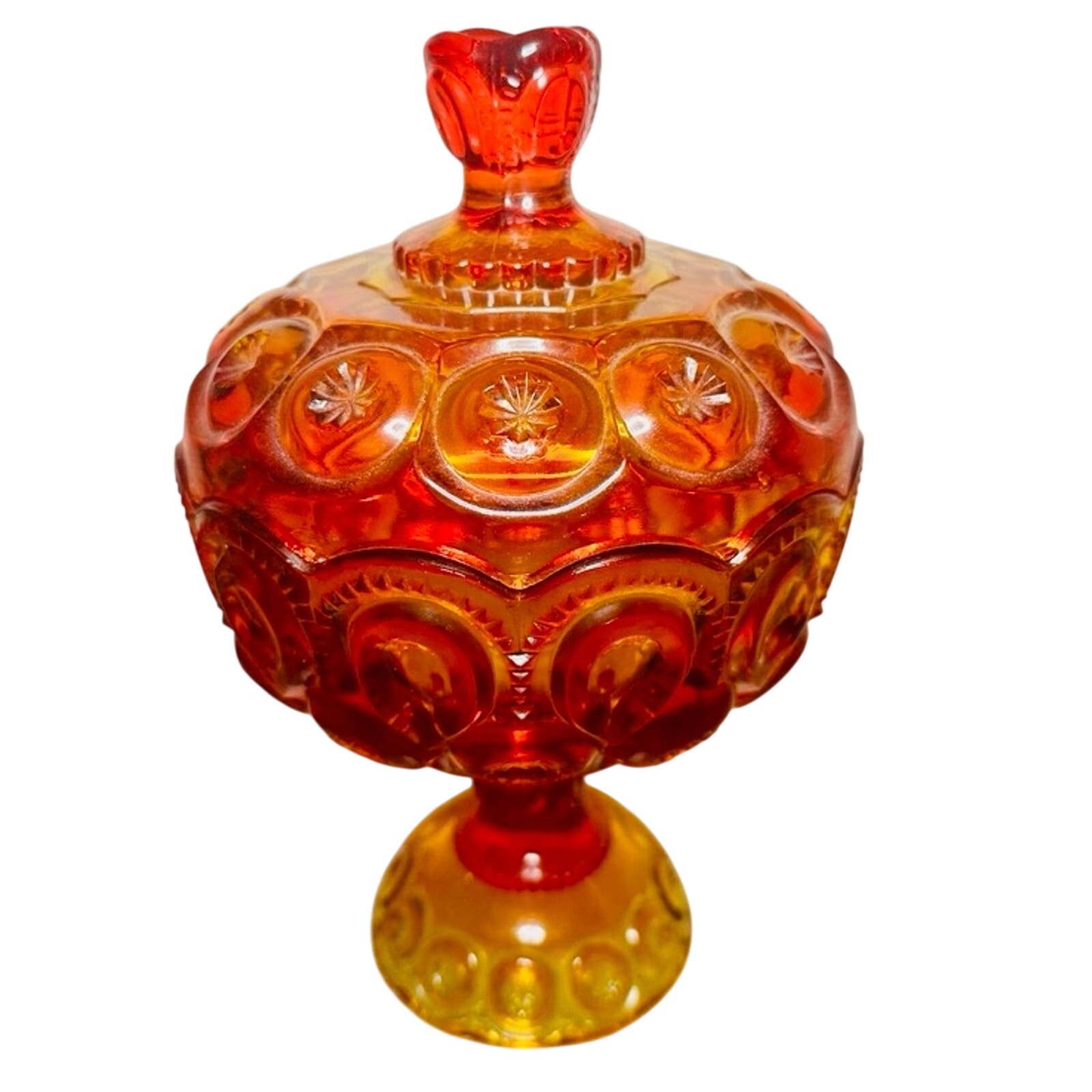 Vintage L.E. Smith Moon and Star Amberina Compote 10”