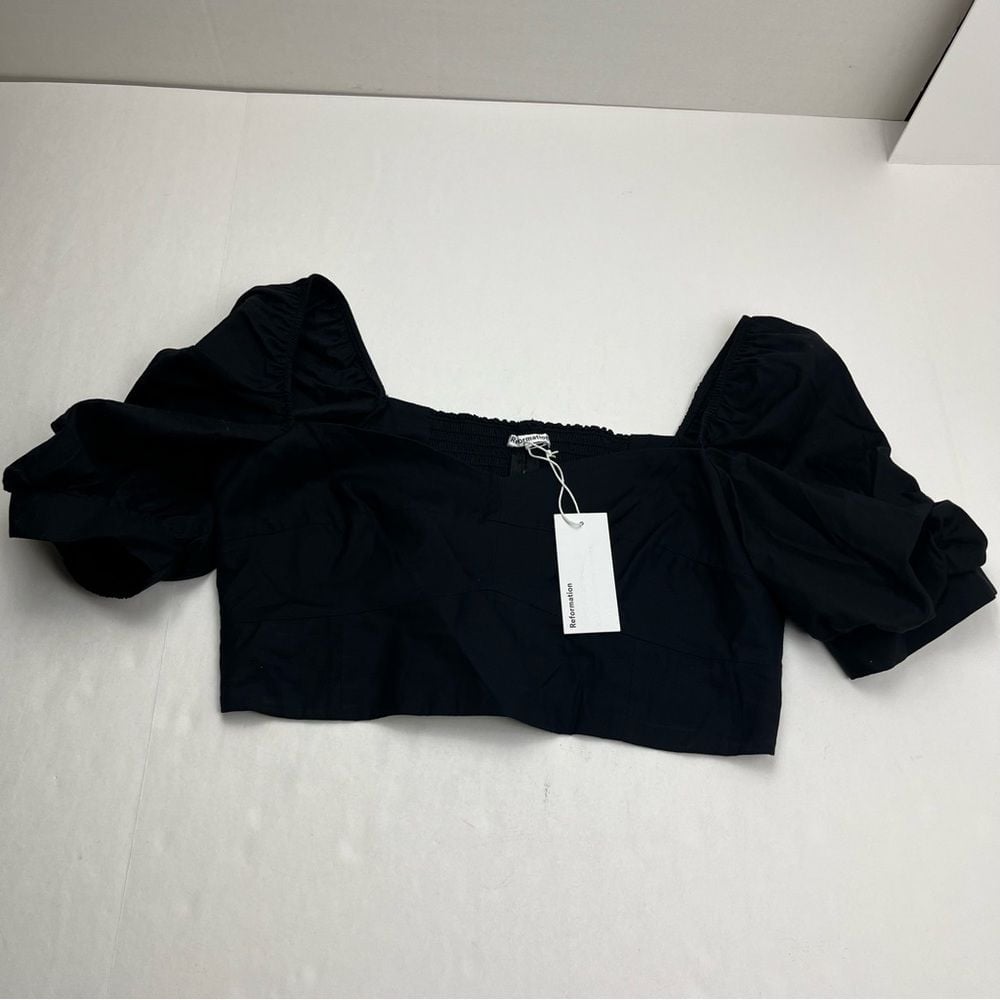 Reformation Sunnie Crop Top Sweetheart Puff Sleeve Womens Size 12 Black NEW