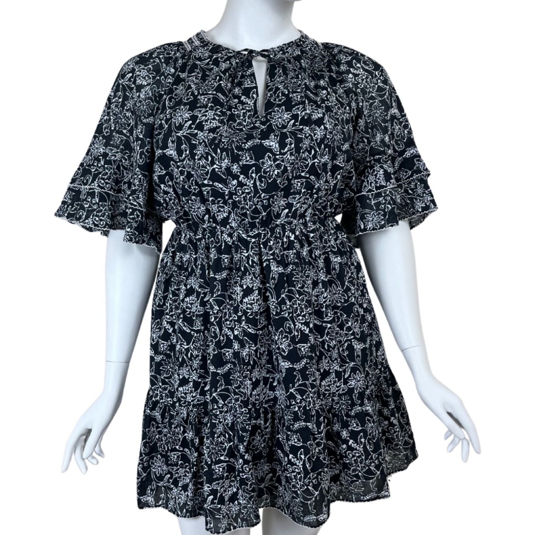 Parker Lindsay Women Size XL Black Floral Ruffle Tiered Cotton Mini NEW Dress