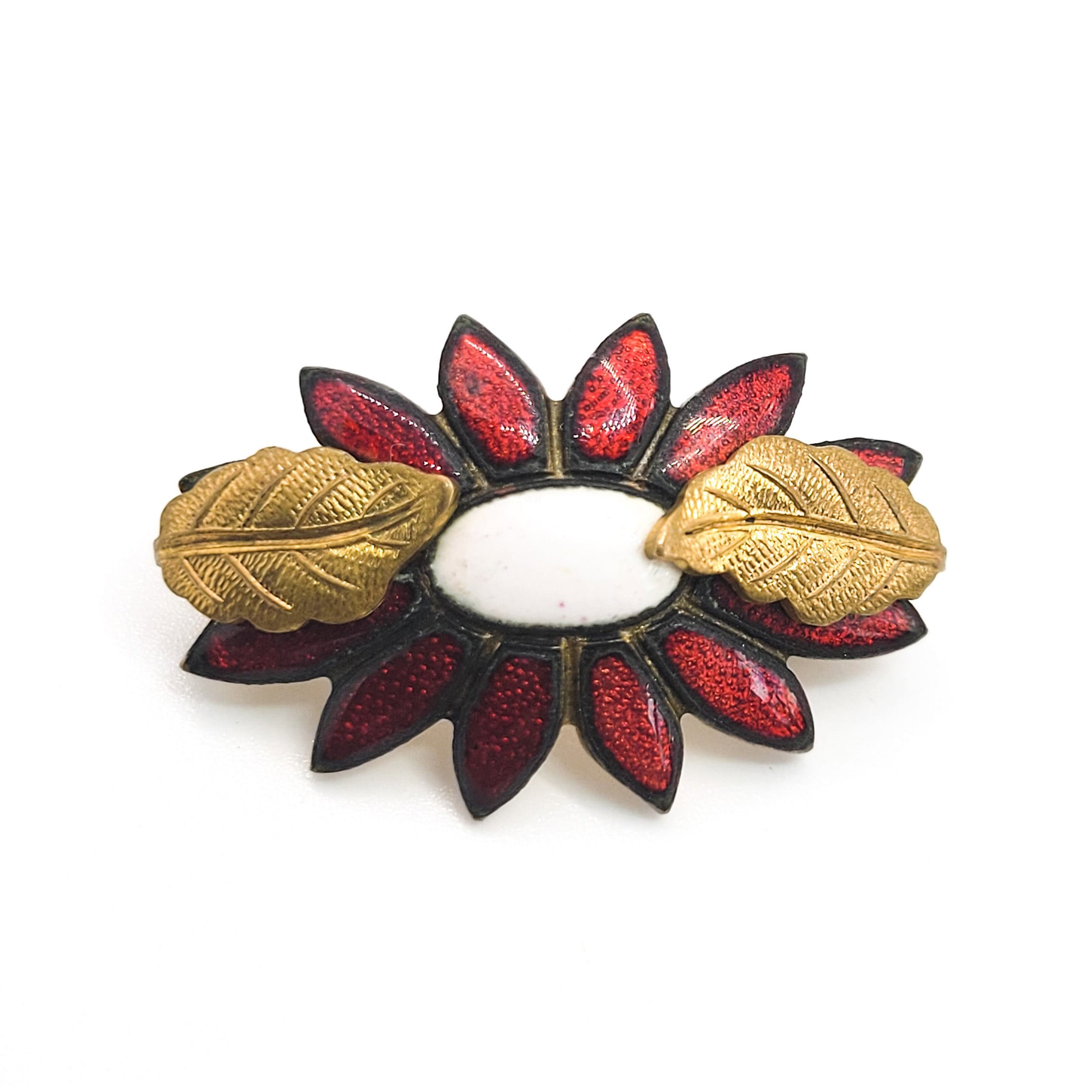 Victorian Antique red and white enamel gold filled vintage flower brooch with C