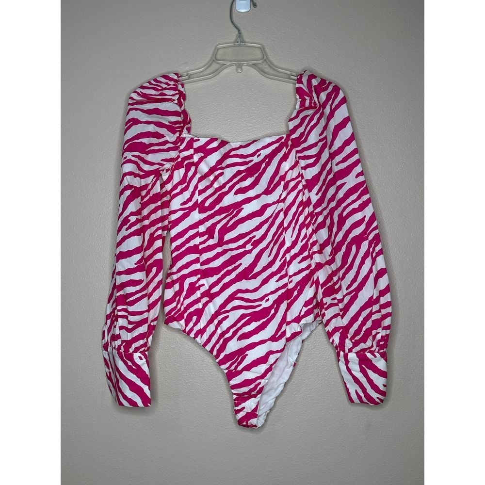 Zara NWT Bodysuit Pink Animal Print Zebra Puff Sleeve Size S Mob Wife Blogger