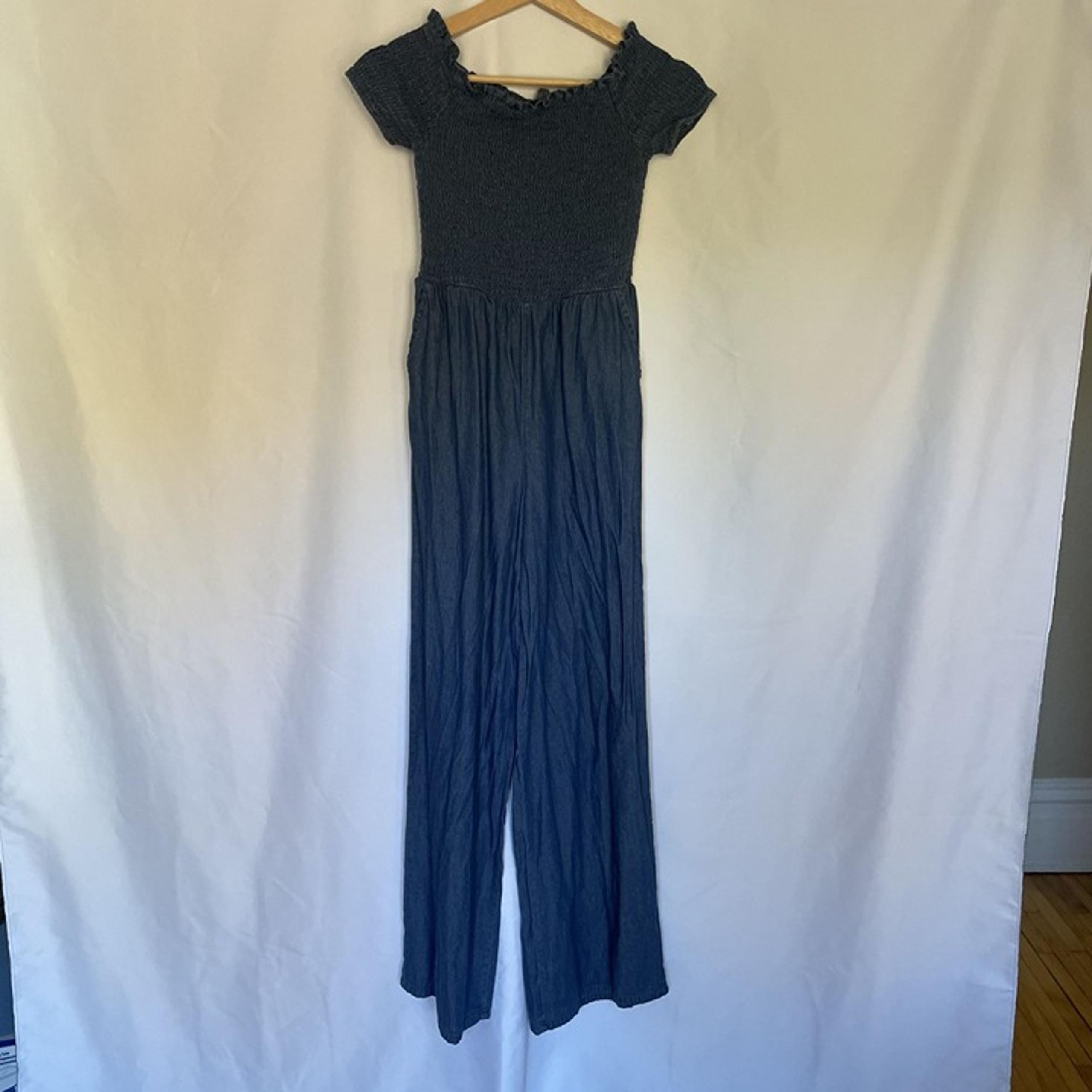 Blue Rain ruched jumpsuit women's size XS cotton denim material off the shoulder