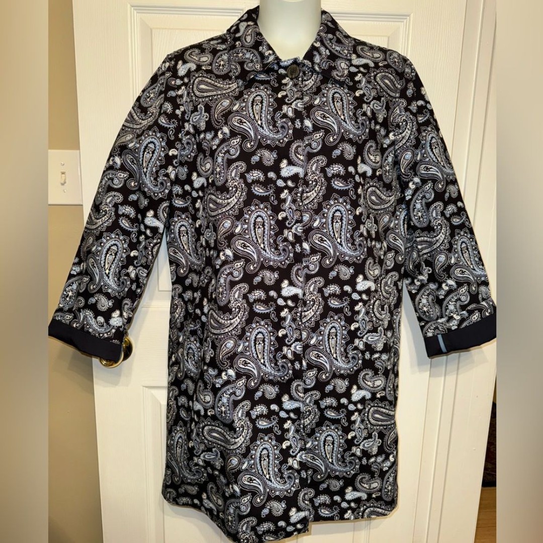 Michael Kors Sz XL Navy White Paisley Cotton Button Up Trench Rain Coat Jacket