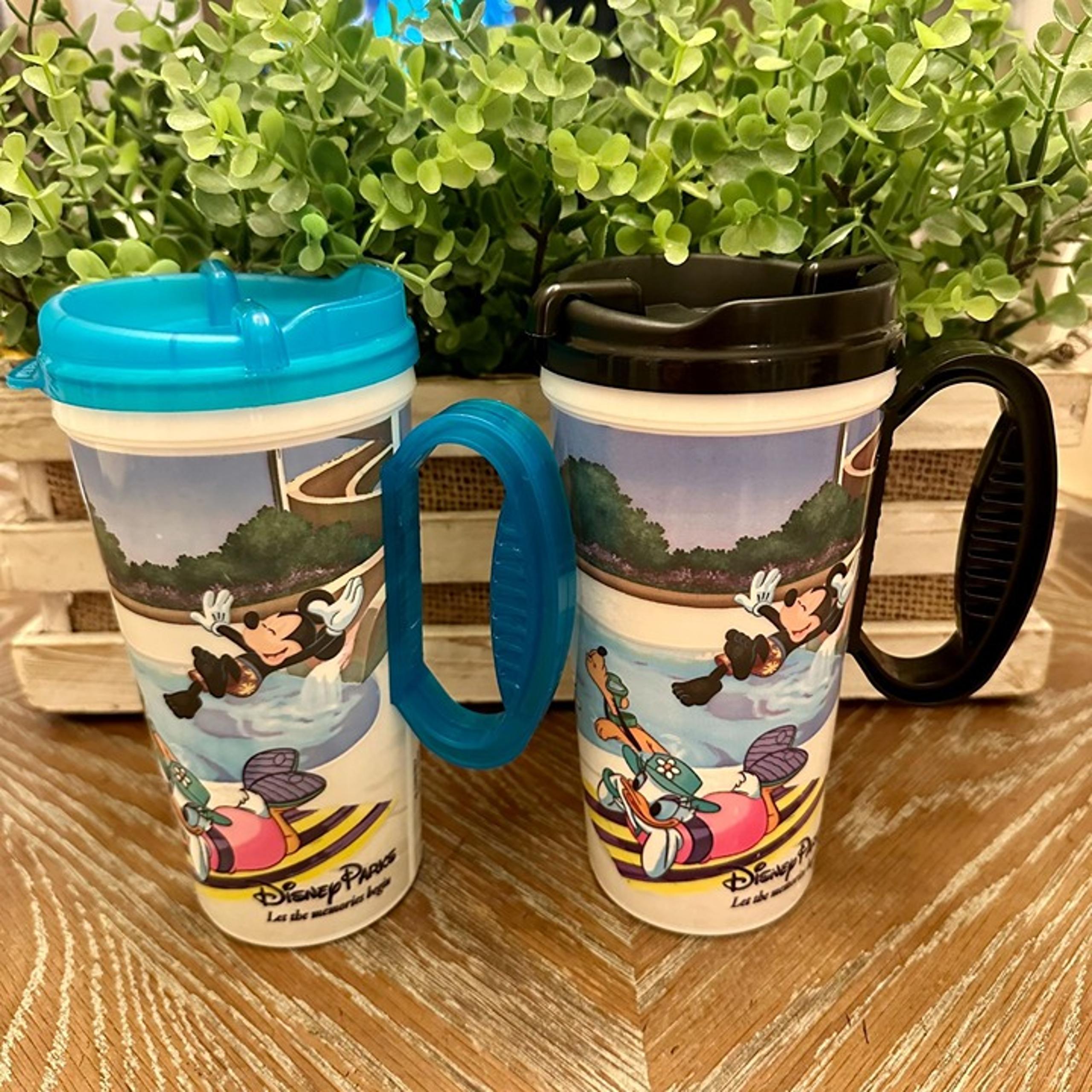 2 Vintage Disney Parks Souvenir Plastic Travel Mug Cup Insulated 16 Oz Blue & Bl