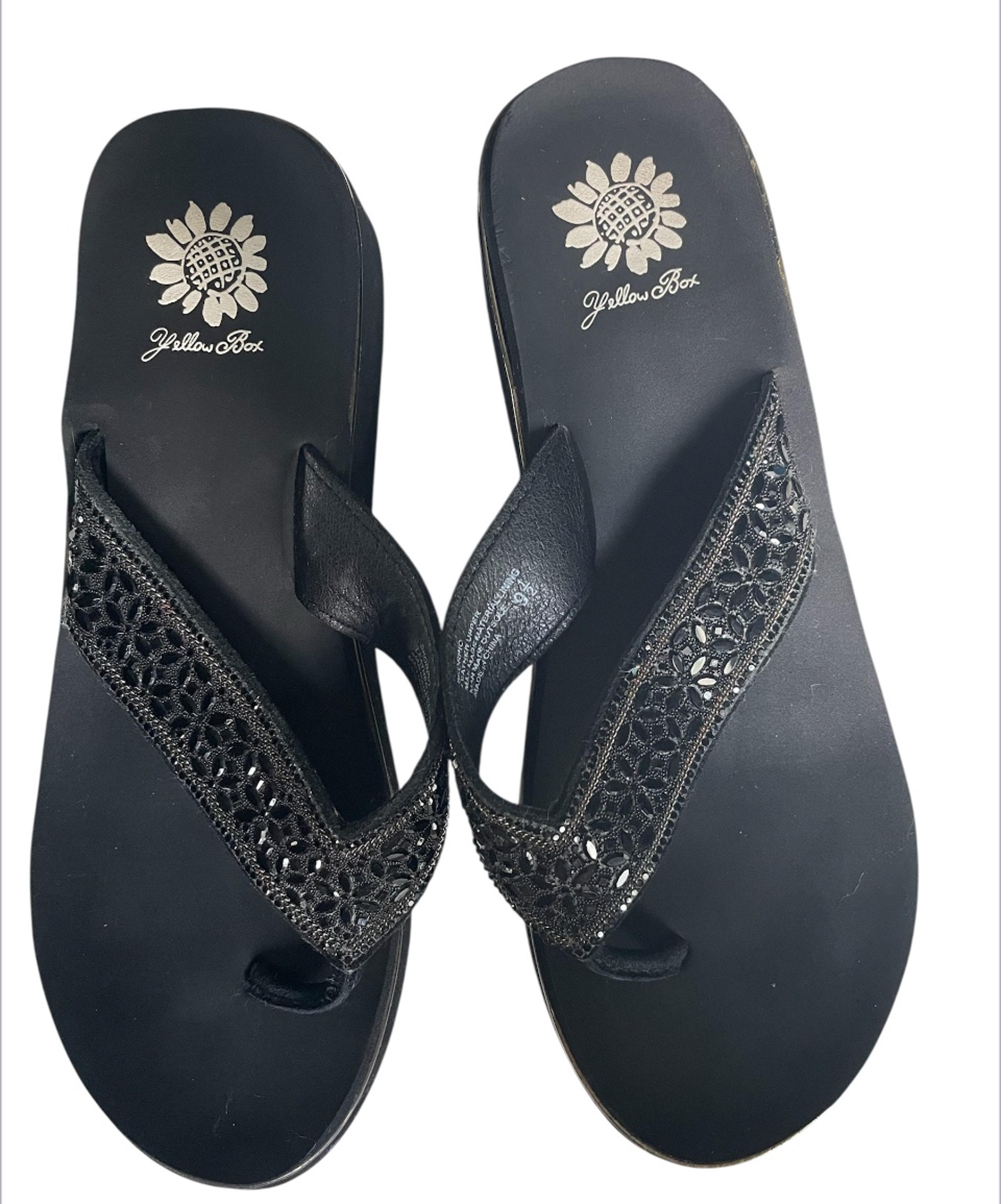 Yellow Box Skorpio Women's Black Wedge Flower Sequins Sandals Size 9.5