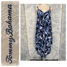 Tommy Bahama High Low Dress Tropical Print on Black Spaghetti Strap V-neck S/M