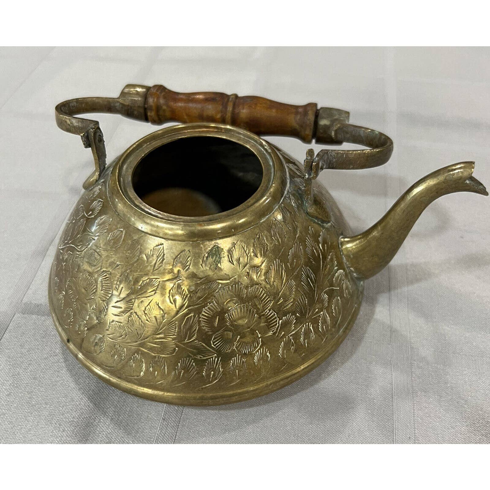 ENGRAVED Antique Gold Toned Metal Tea Kettle 3” without top, wood handle India