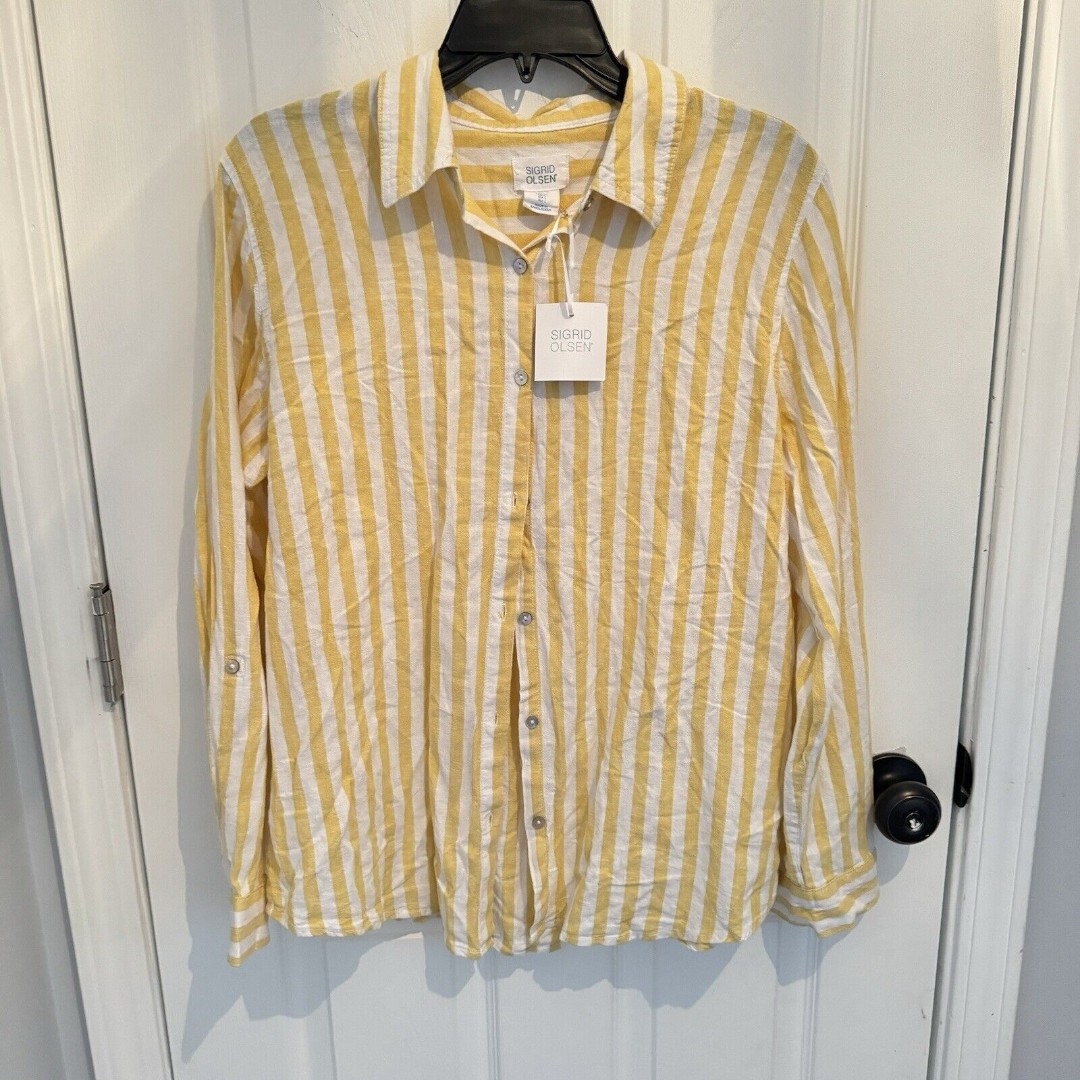 Sigrid Olsen Yellow and White Striped Long Sleeve Linen Blend Shirt Size L