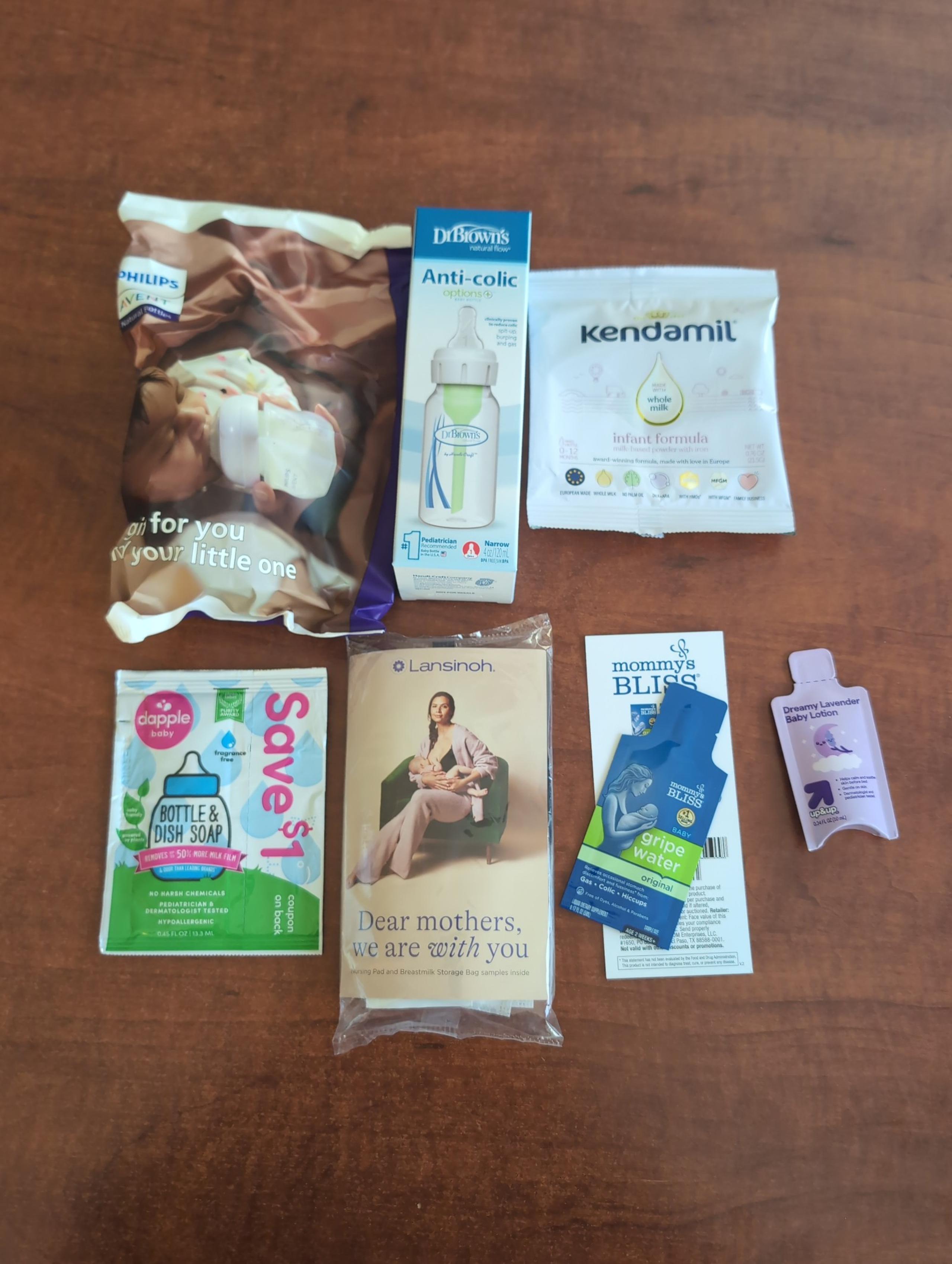 Infant bottles (Dr. Brown's and Phillips) and samples